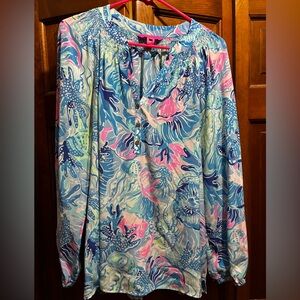 Lilly Pulitzer Elsa Silk Top Saltwater Blue Shade Seekers
